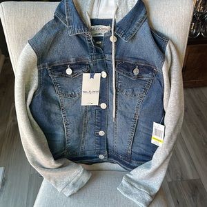 NWT denim hooded sweatshirt jacket.